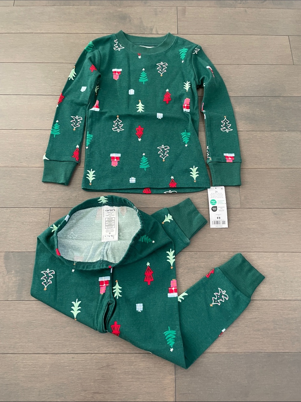 Carter's Dark Green Holiday Tree & Present Print Kids Pajama Set Christmas